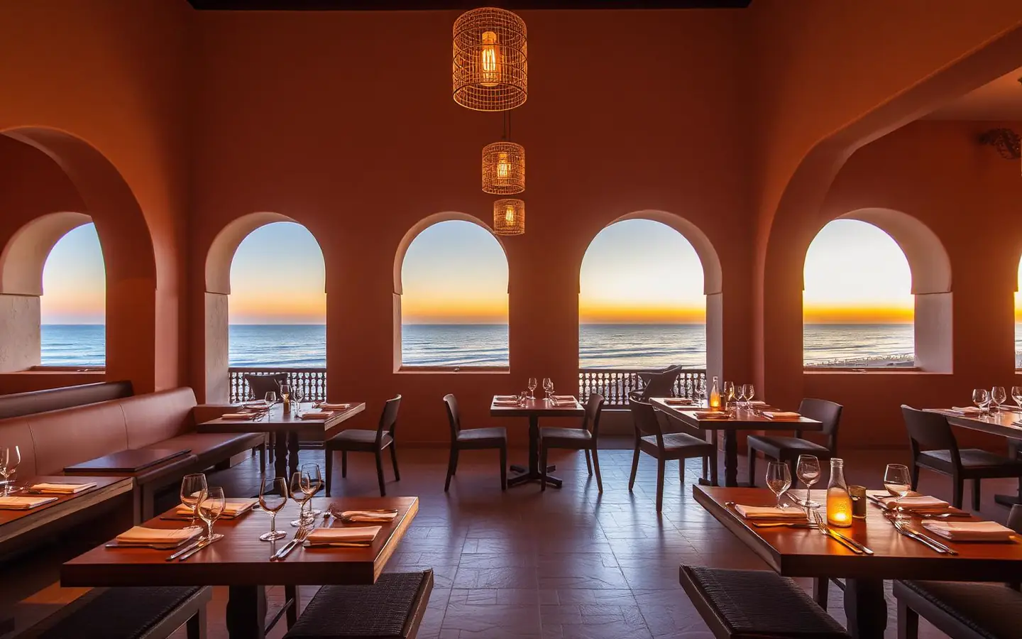 Ocean-facing restaurant interior at golden hour